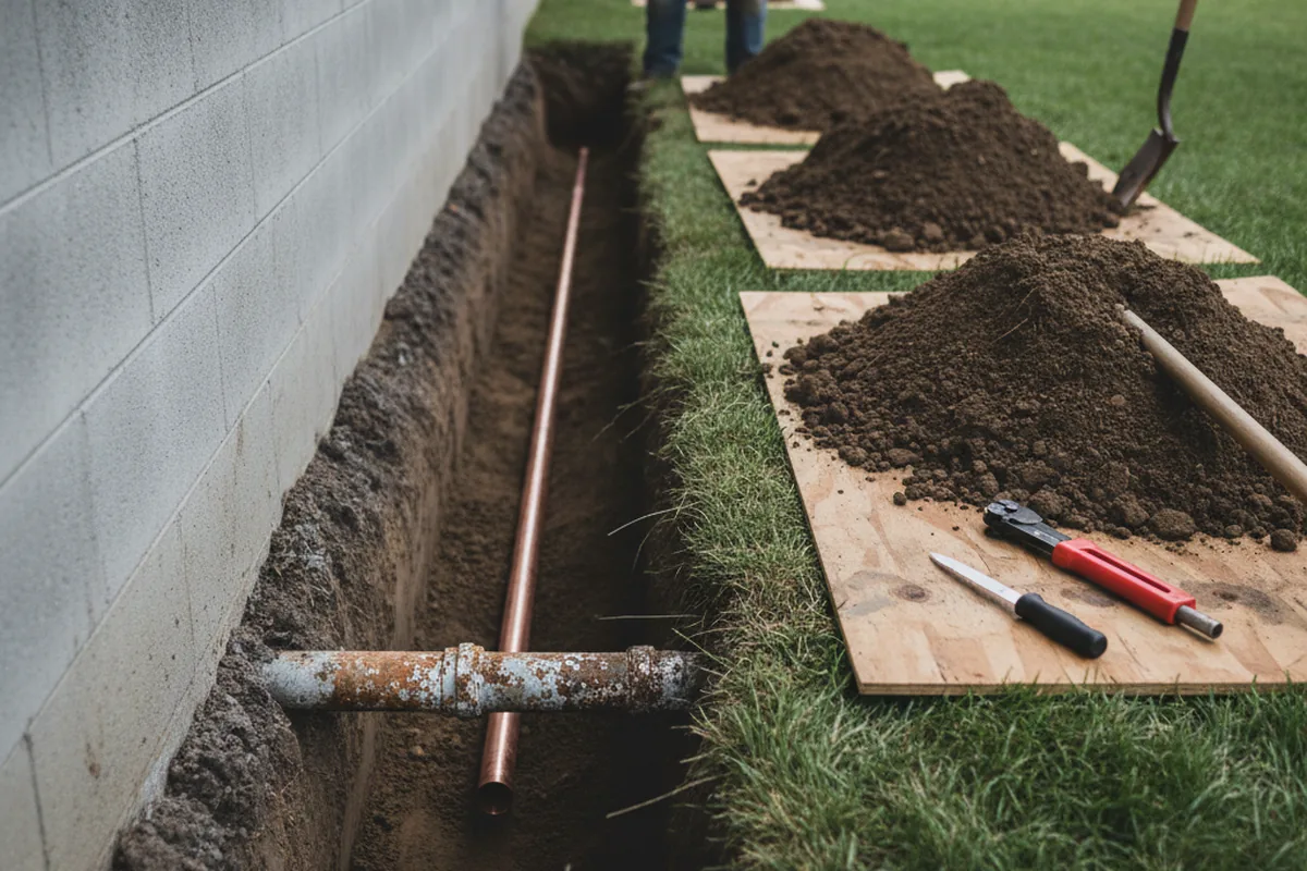 Excavated water line trench during Water Heater Repair in Turin